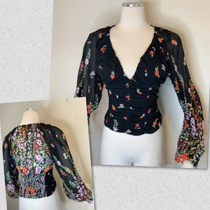 Free People Black Floral Blouse Smocked V Neck NWT
